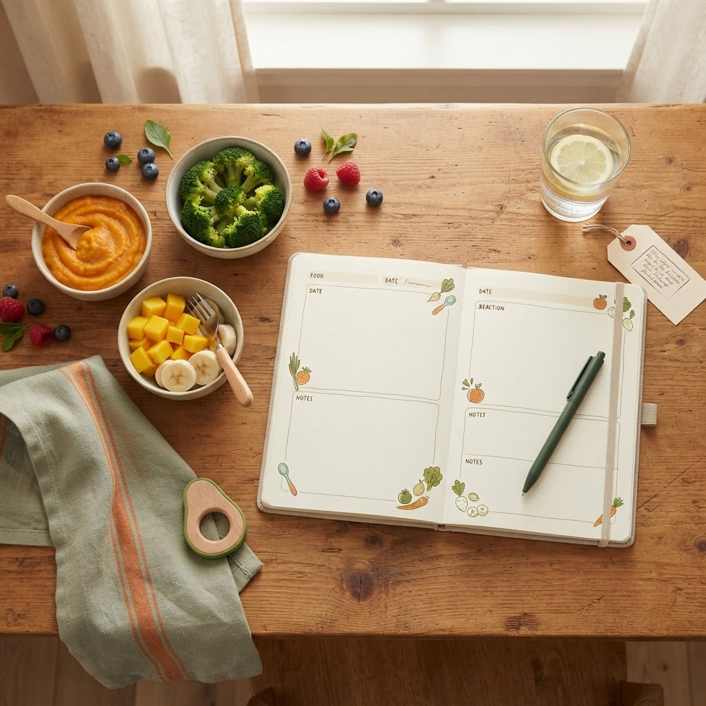 Caderno aberto com caneta ao lado de potinhos de comida para bebê