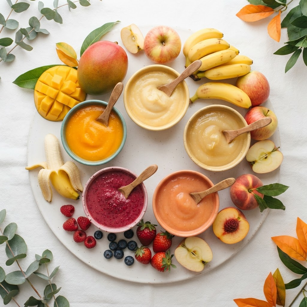 Papinhas de frutas coloridas em potinhos cercadas de frutas frescas