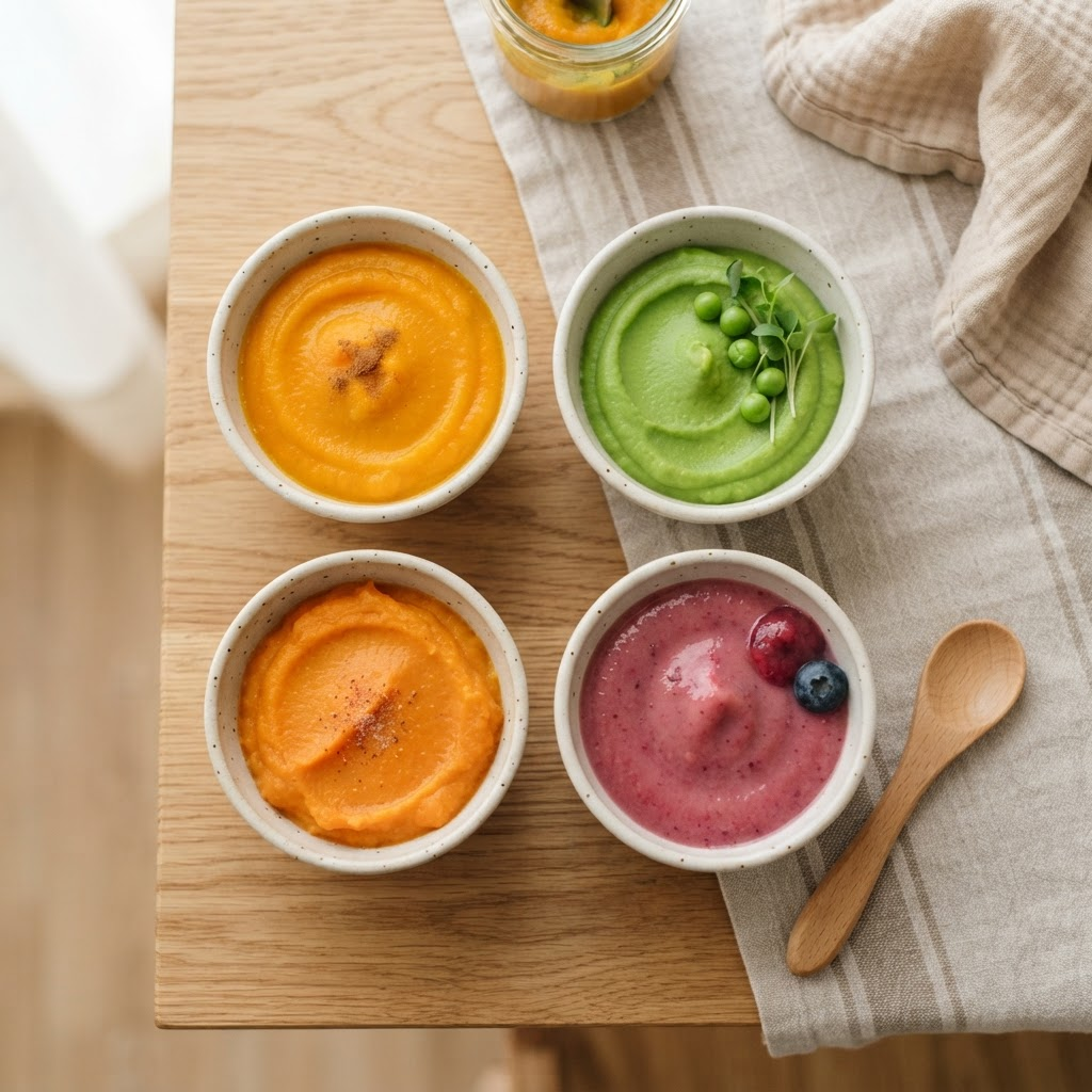Papinhas coloridas de abóbora, ervilha e frutas em potinhos para o bebê