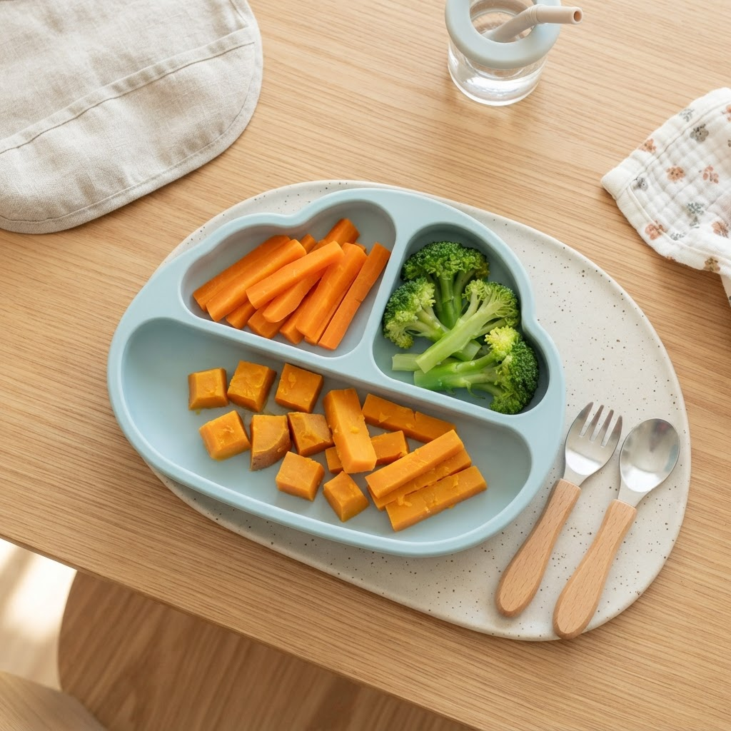 Pratinho de introdução alimentar com legumes cozidos em palitos para o bebê