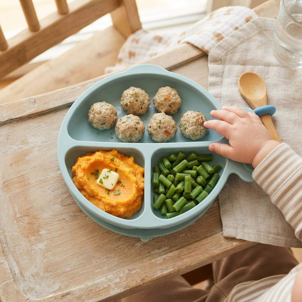 Refeição de bebê com almôndegas, purê de batata-doce e vagem