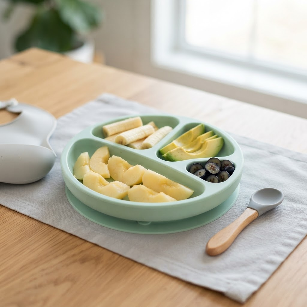 Pratinho de frutas macias cortadas para introdução alimentar do bebê
