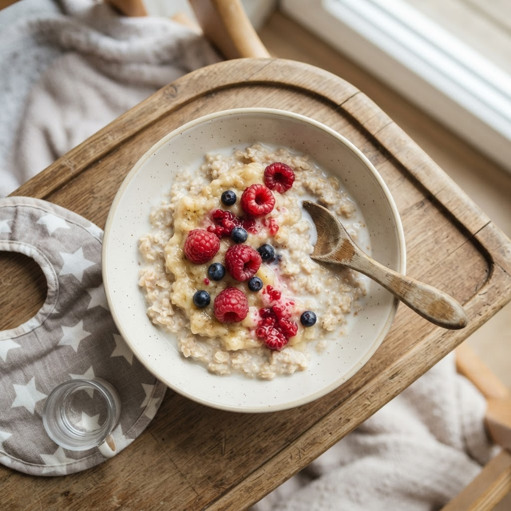 Mingau caseiro com frutas macias para o café da manhã do bebê