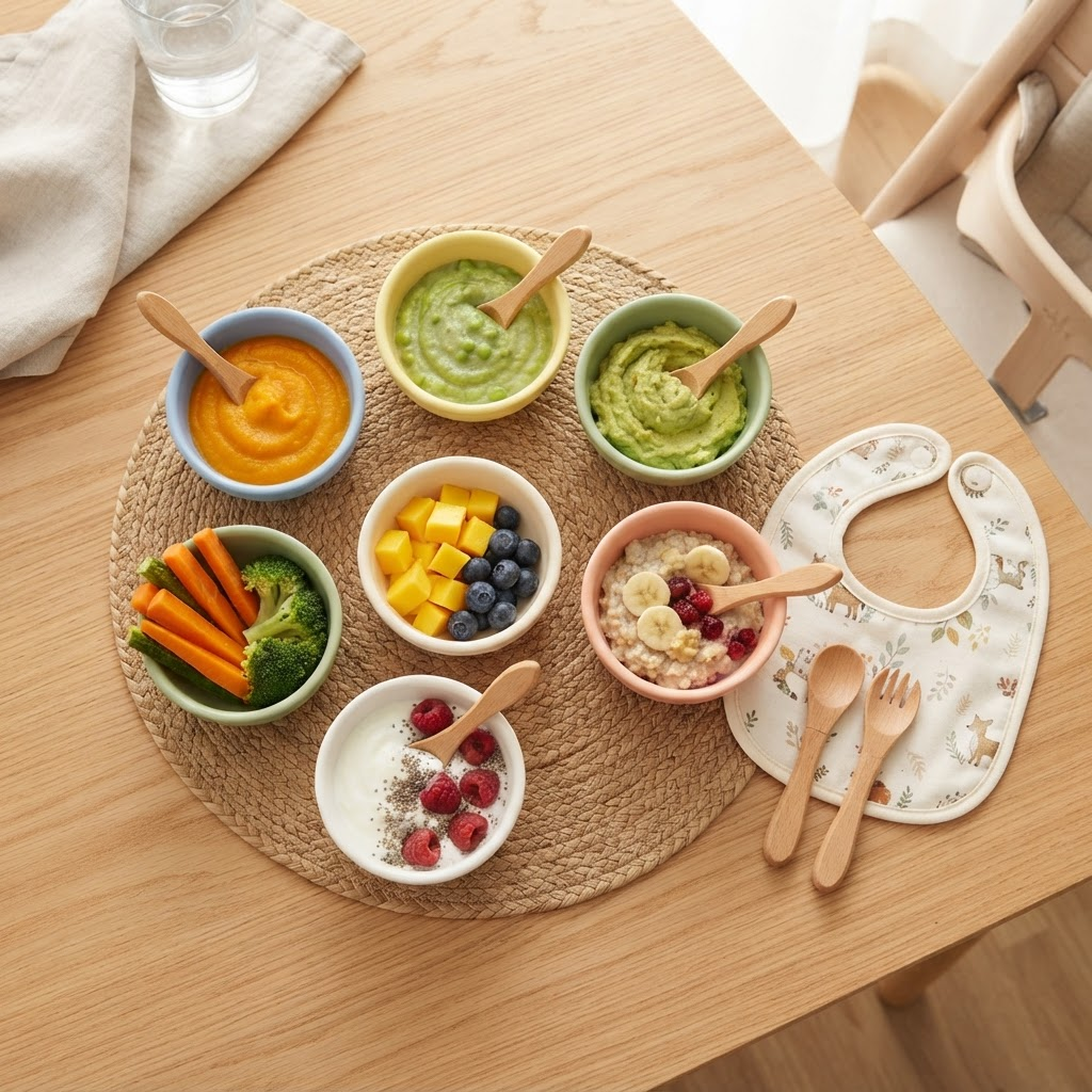 Variedade de refeições caseiras e nutritivas em potinhos coloridos para o bebê