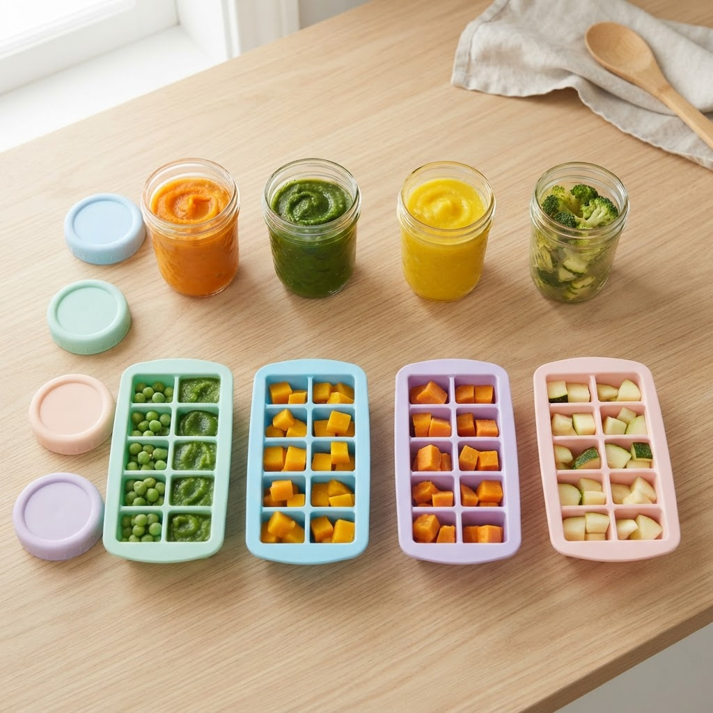 Porções de comida do bebê armazenadas em potes para congelamento
