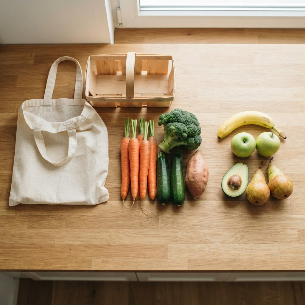 Ingredientes frescos organizados para a lista de compras semanal do bebê