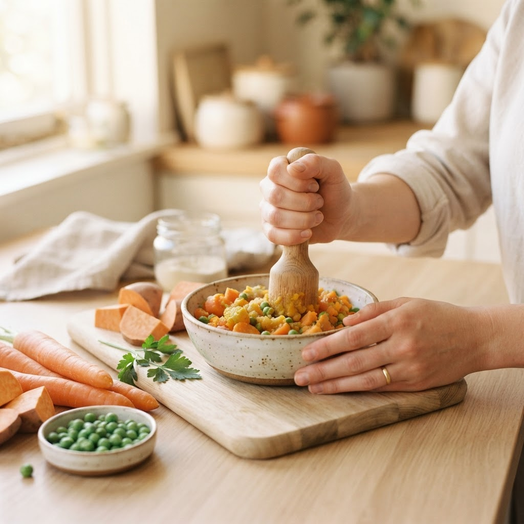 Mãos preparando comidinha caseira do bebê na cozinha