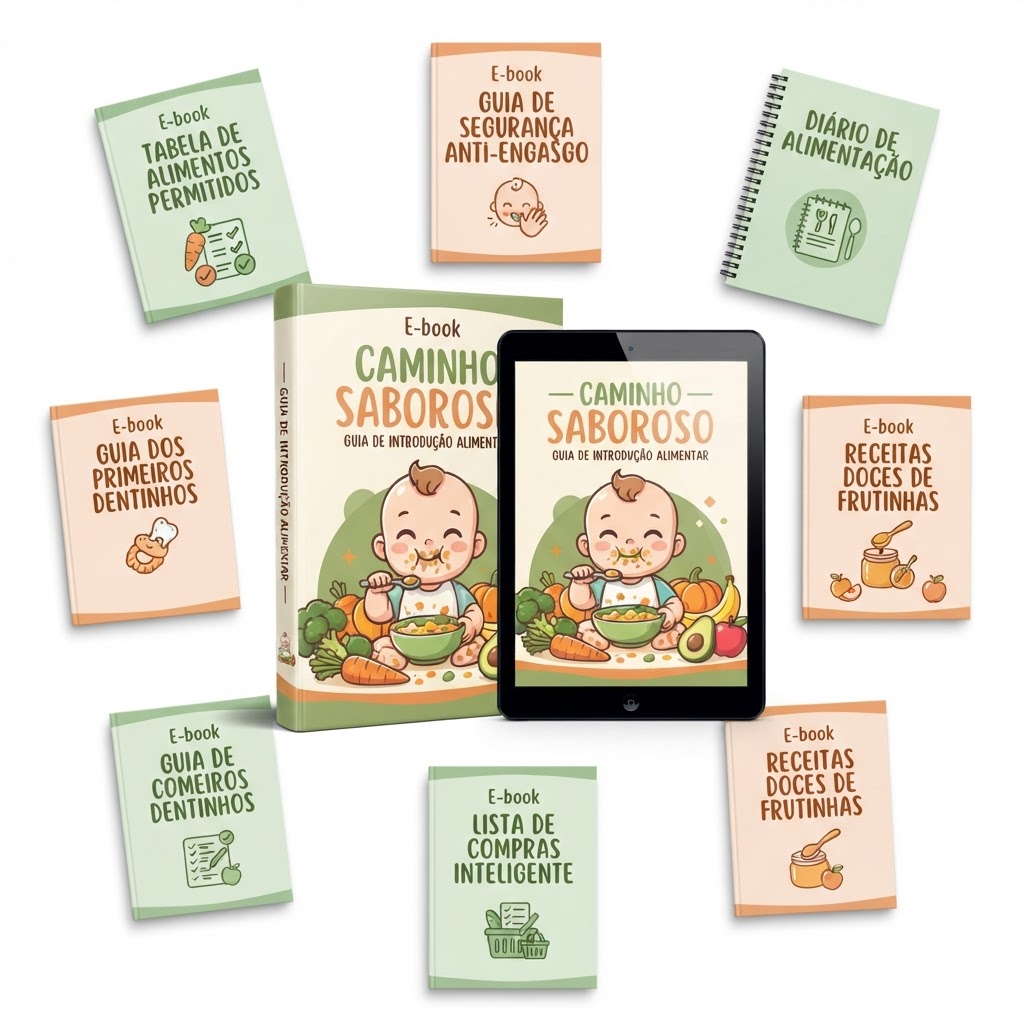 Guia Caminho Saboroso com todos os bônus inclusos: tabela de alimentos, guia anti-engasgo, diário de alimentação, receitas de papinhas doces, lista de compras e guia de primeiros dentinhos